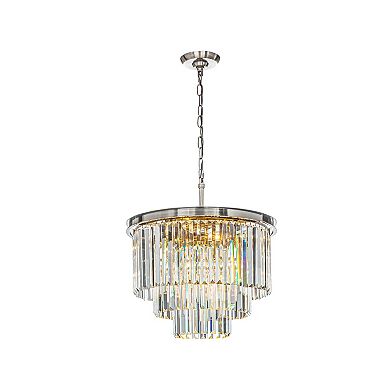 6-Lights Modern Satin Nickel 3-Tier Round Crystal Fringe Chandelier