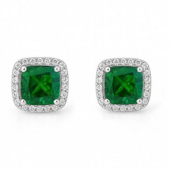 Sterling Silver Green Emerald Halo Earrings