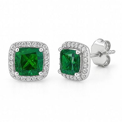 Sterling Silver Green Emerald Halo Earrings