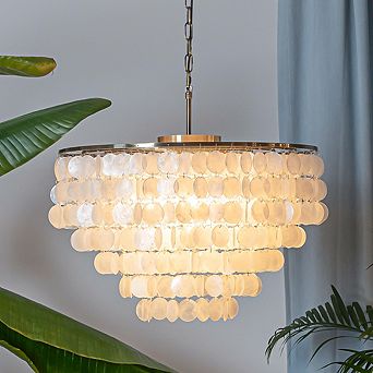 6-Light Unique/Statement Coastal Natural Round Capiz Shell Chandelier in Antique Gold
