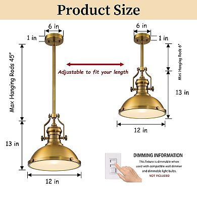 1-Light 13" Modern Industrial Antique Brass Single Dome Pendant Light For Kitchen Island