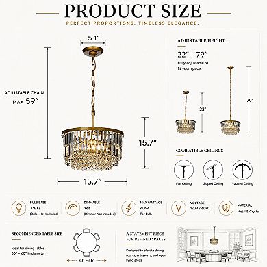 3 Lights 16" Modern Glam Gold Round Chandelier With Clear Crystal