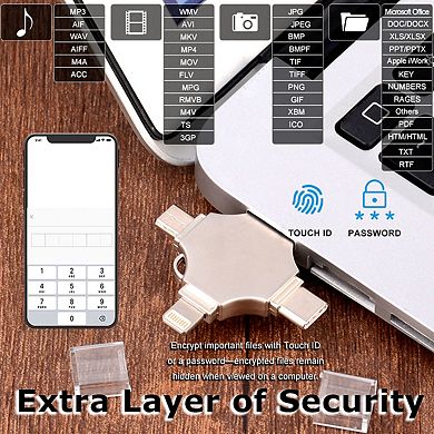 4 in 1 Photo Stick, 128GB USB Flash Drive with USB A/C/Micro/Lighting Port for iPhone/Android