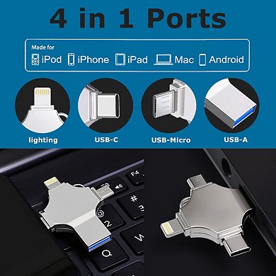 4 in 1 Photo Stick, 128GB USB Flash Drive with USB A/C/Micro/Lighting Port for iPhone/Android