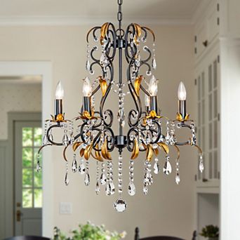 Mid-Century French Style 6-Light Crystal Chandelier in Matte Black and Antique Gold Finish