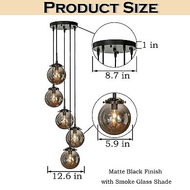 5-Light Modern Matte Black Staircase Chandelier with Smoke Globe Bubble Glass Corner Pendant