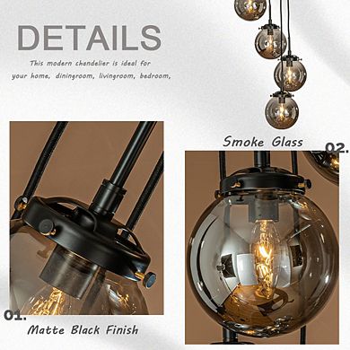 5-Light Modern Matte Black Staircase Chandelier with Smoke Globe Bubble Glass Corner Pendant