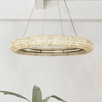 32 inch Unique/Statement Soft Gold LED Wagon Wheel Chandelier With Crystal Beads Accents
