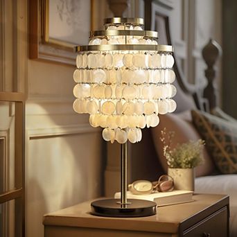3-Light 28'' Modern Coastal Aged Brass Natural Capiz Shell Tiered Table Lamp With Black Marble Base
