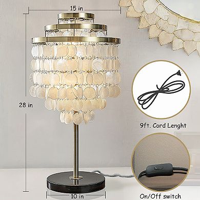 3-Light 28'' Modern Coastal Aged Brass Natural Capiz Shell Tiered Table Lamp With Black Marble Base