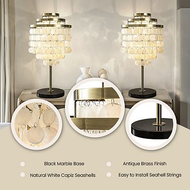 3-Light 28'' Modern Coastal Aged Brass Natural Capiz Shell Tiered Table Lamp With Black Marble Base