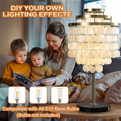 3-Light 28'' Modern Coastal Aged Brass Natural Capiz Shell Tiered Table Lamp With Black Marble Base