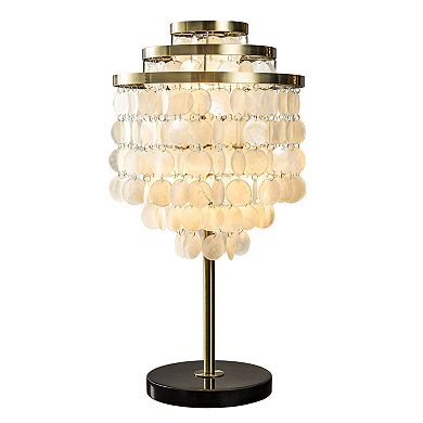 3-Light 28'' Modern Coastal Aged Brass Natural Capiz Shell Tiered Table Lamp With Black Marble Base