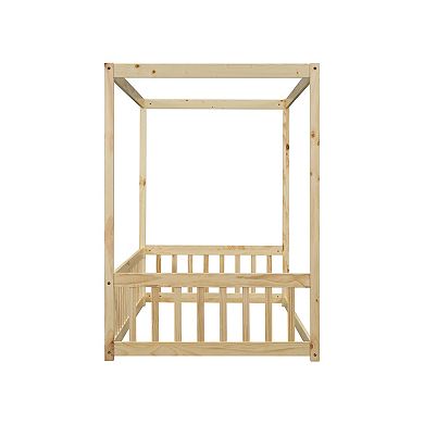 Whisen Twin Size Canopy Frame Floor Bed, Floor Bed with Fence and Guardrails