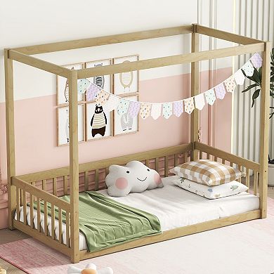 Whisen Twin Size Canopy Frame Floor Bed, Floor Bed with Fence and Guardrails