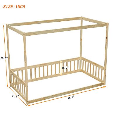 Whisen Twin Size Canopy Frame Floor Bed, Floor Bed with Fence and Guardrails