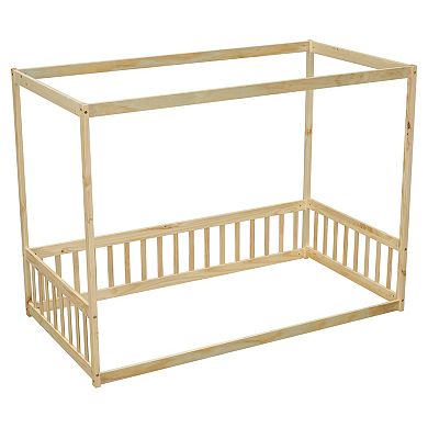 Whisen Twin Size Canopy Frame Floor Bed, Floor Bed with Fence and Guardrails