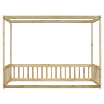 Whisen Twin Size Canopy Frame Floor Bed, Floor Bed with Fence and Guardrails