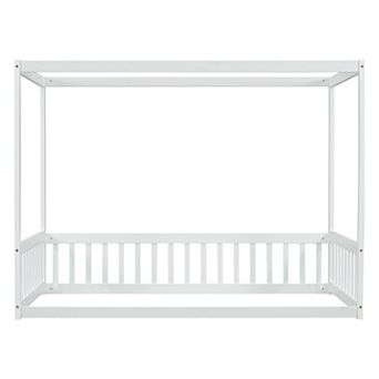 Whisen Twin Size Canopy Frame Floor Bed, Floor Bed with Fence and Guardrails