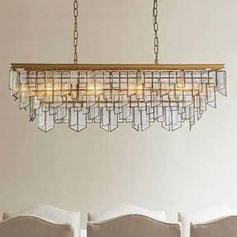 4-Light Vintage Antique Gold Rectangular Tiered Chandelier for Dining Room with Water Ripple Glass