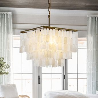 3-Light Coastal Natural Capiz Shell Tiered Chandelier With Square Antique Gold Frame