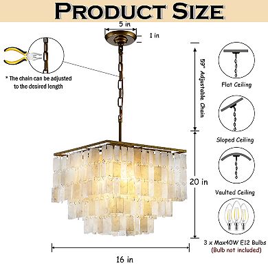 3-Light Coastal Natural Capiz Shell Tiered Chandelier With Square Antique Gold Frame