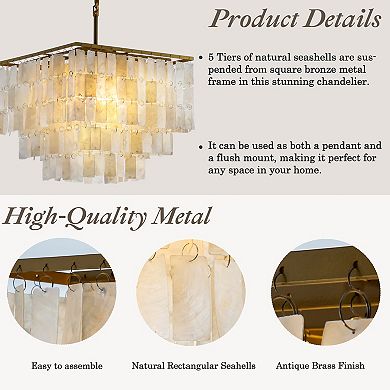 3-Light Coastal Natural Capiz Shell Tiered Chandelier With Square Antique Gold Frame