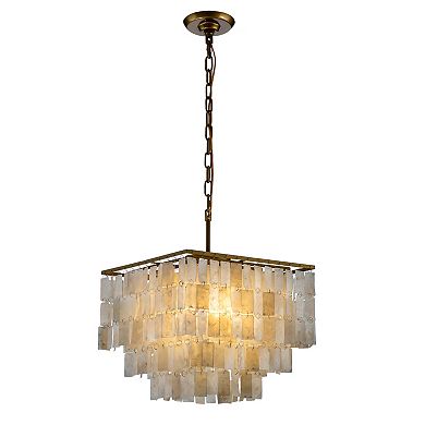 3-Light Coastal Natural Capiz Shell Tiered Chandelier With Square Antique Gold Frame