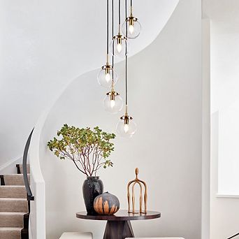5-Light Antique Gold Staircase Modern Chandelier Foyer Pendant With Clear Globe Bubble Glass Accents