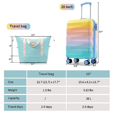Whisen 2-Piece Luggage Set, 20" Hardshell Carry-on Suitcase with TSA Lock and Expandable Duffel Bag