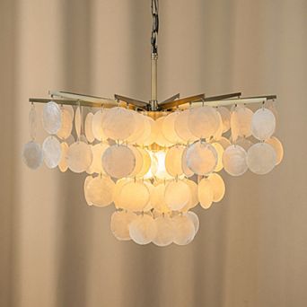 4-Light 22" Cone Shape 4 tier Coastal Capiz Shells Chandelier With Antique Gold Metal