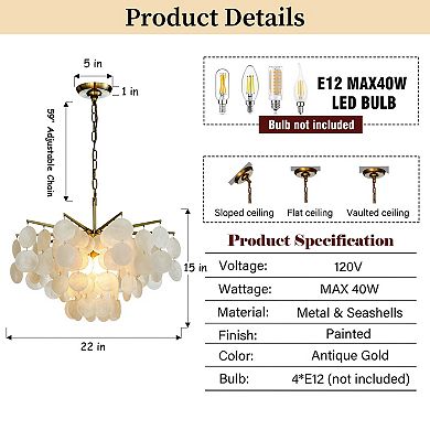 4-Light 22" Cone Shape 4-Tier Coastal Capiz Shells Chandelier With Antique Gold Metal