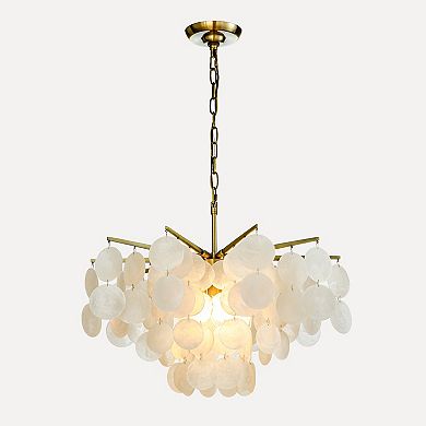 4-Light 22" Cone Shape 4-Tier Coastal Capiz Shells Chandelier With Antique Gold Metal
