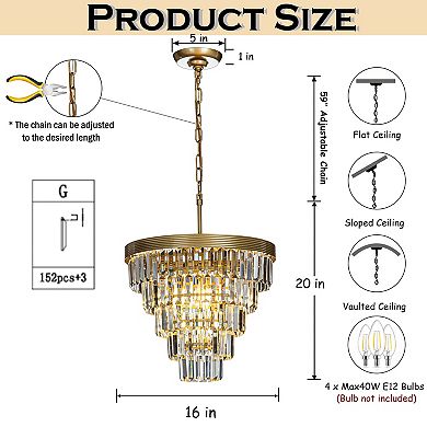 Modern 4-Light W16" Tiered Gold Chandelier With Clear Crystals