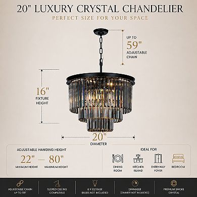 6-Lights Modern Matte Black Tier Round Crystal Fringe Chandelier