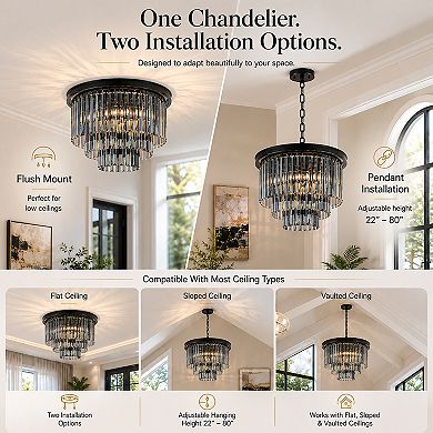 6-Lights Modern Matte Black Tier Round Crystal Fringe Chandelier