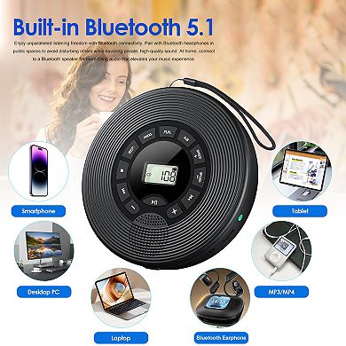 Bluetooth Portable CD Player with Outlet Speaker and Display, Support USB MP3 AUX