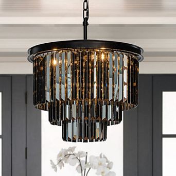 6-Lights Modern Matte Black 3 tier Round Fringe Chandelier with Smoke Crystal Accent