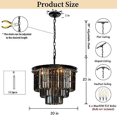 6-Lights Modern Matte Black 3-Tier Round Fringe Chandelier with Smoke Crystal Accent