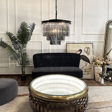 6-Lights Modern Matte Black 3-Tier Round Fringe Chandelier with Smoke Crystal Accent