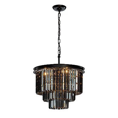 6-Lights Modern Matte Black 3-Tier Round Fringe Chandelier with Smoke Crystal Accent