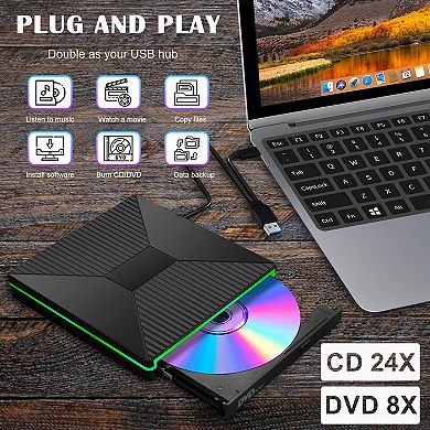 External CD Drive with Multiple Ports, DVD and CD Burner, Reader, Writer function for PC