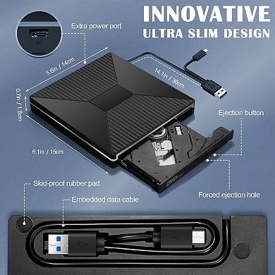 External CD Drive with Multiple Ports, DVD and CD Burner, Reader, Writer function for PC