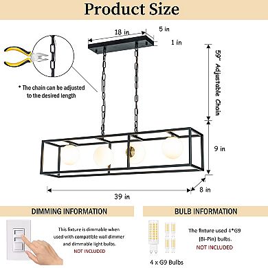 4-Light Matte Black Bubble Chandelier Square/Rectangle Industrial Light Fixrures for Dining Room