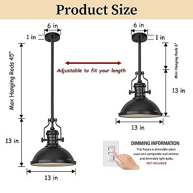 1-Light 13" Modern Industrial Matte Black Single Dome Pendant Light for Kitchen Island
