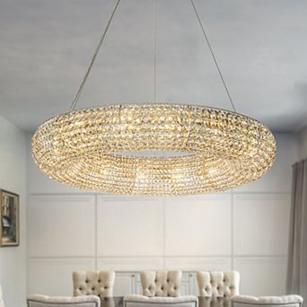 14-Light 31 inch Unique/Statement Soft Gold Wagon Wheel Chandelier With Crystal Beads Accents