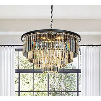 8-Lights Mid-Century Modern Matte Black 4 tier Round Fringe Crystal Chandelier