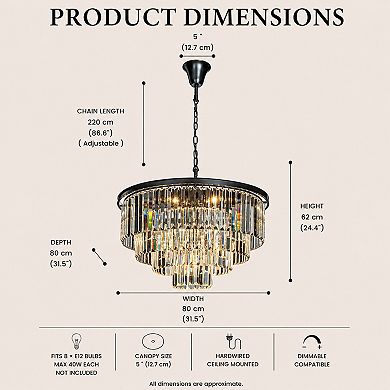 8-Lights Mid-Century Modern Matte Black 4-Tier Round Fringe Crystal Chandelier