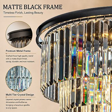 8-Lights Mid-Century Modern Matte Black 4-Tier Round Fringe Crystal Chandelier