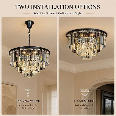 8-Lights Mid-Century Modern Matte Black 4-Tier Round Fringe Crystal Chandelier